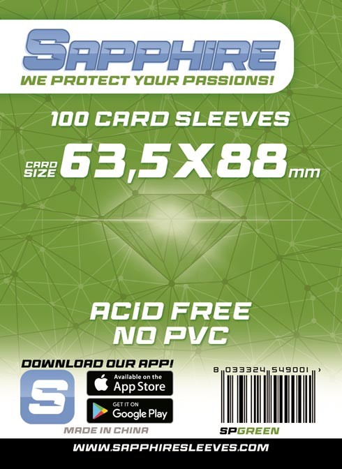 SAPPHIRE SLEEVE PROTECTOR 63.5X88MM GREEN 100PCS CARD PROTECTOR - PLAYING CARDS/COLLECTIBLE
