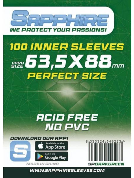 SAPPHIRE SLEEVE PROTECTOR 63.5X88MM PERFECT GREEN 100PCS CARD PROTECTOR - PLAYING CARDS/COLLECTION